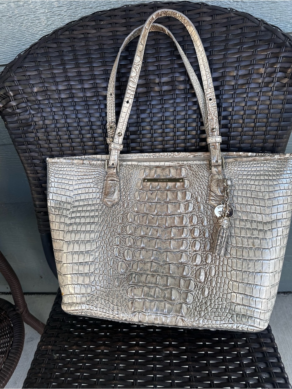 Brahmin Silver Croc-Embossed Tote with Tassel Charm